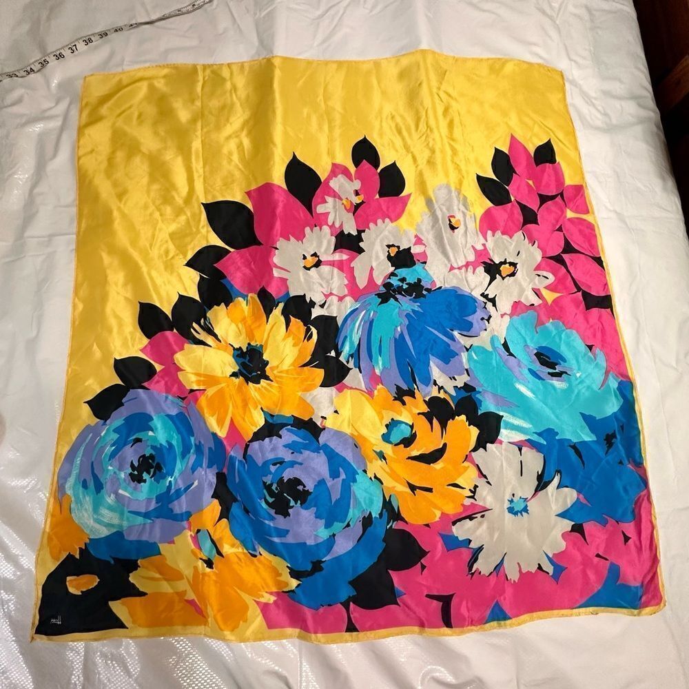 Vintage Honey Vivid Yellow Pink and Blue Floral print silk square scarf
